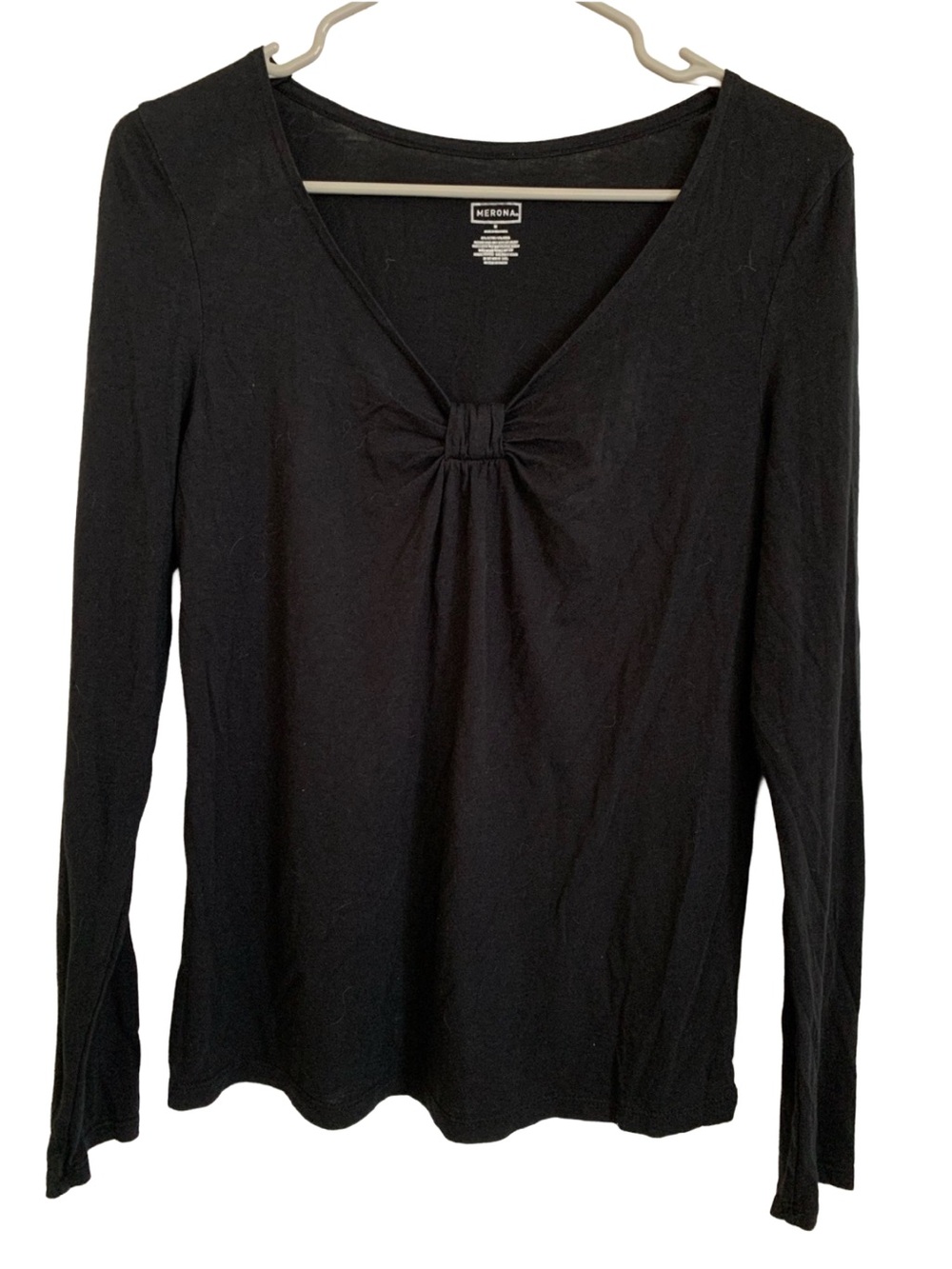 MERONA Womenโs Black Long Sleeve Twisted Front V-Neck Cotton Modal Top